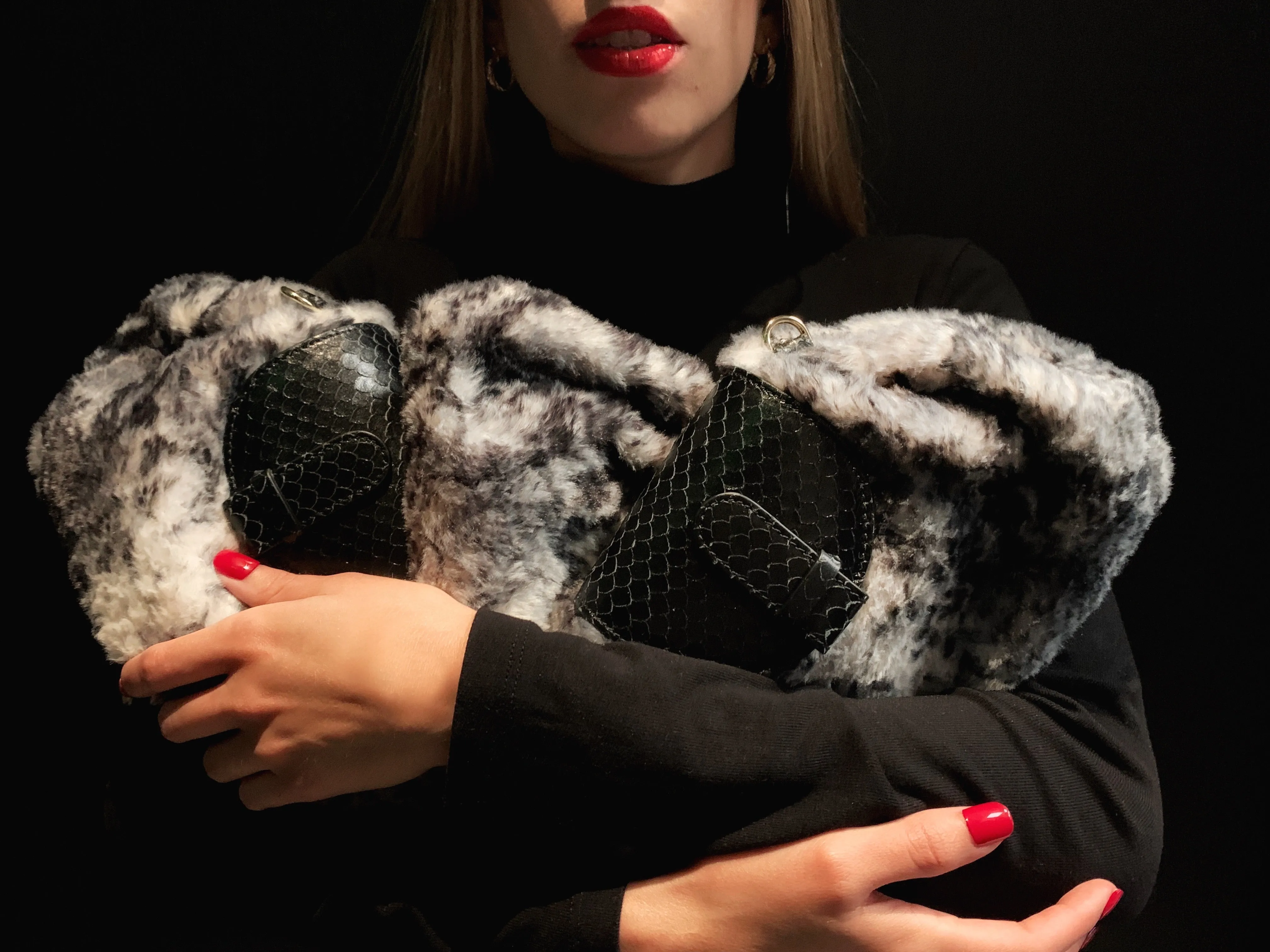 Serena in Faux Fur/Black Leather with Pale Pink Chain